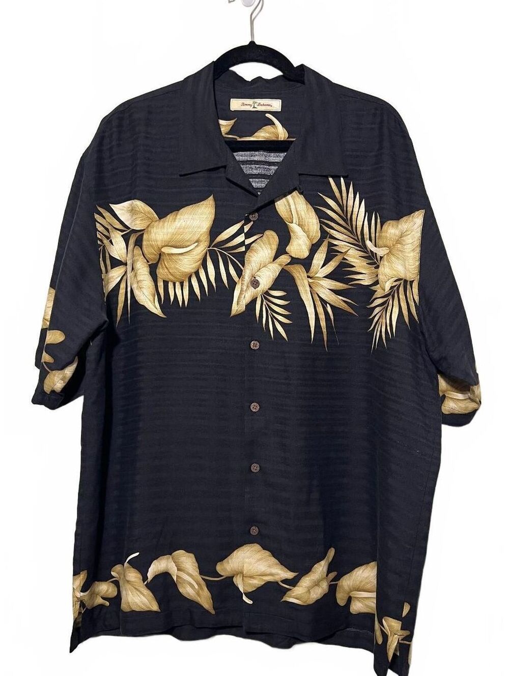 Tommy Bahama XL Black Silk Hawaiian Shirt with Gold Floral Print
